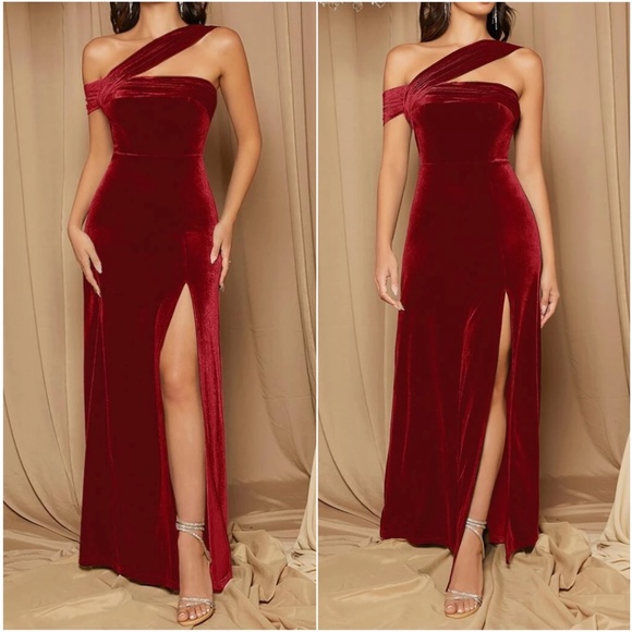 Luxurious One Shoulder Velvet Evening Wedding Formal Maxi Dress - Picture 2 of 8